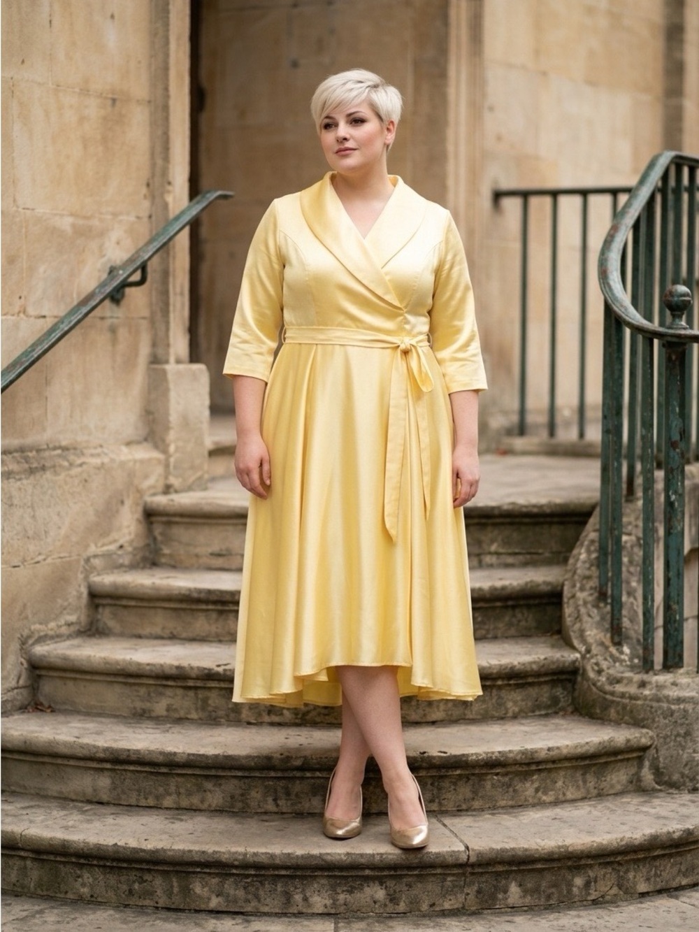 2342 - JJ’s House Plus-Size Pale Yellow Satin Maxi Dress with Shawl Collar